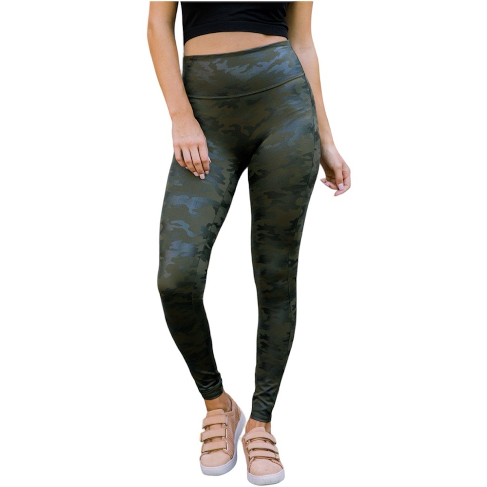 Spanx Faux Leather High Waisted Sculpt Green Camo Leggings Small
